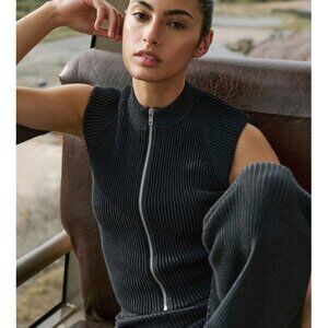 Alo Denim Knit Sleeveless Full Zip Top Black Anthracite Zipper Sweater Knit Tank